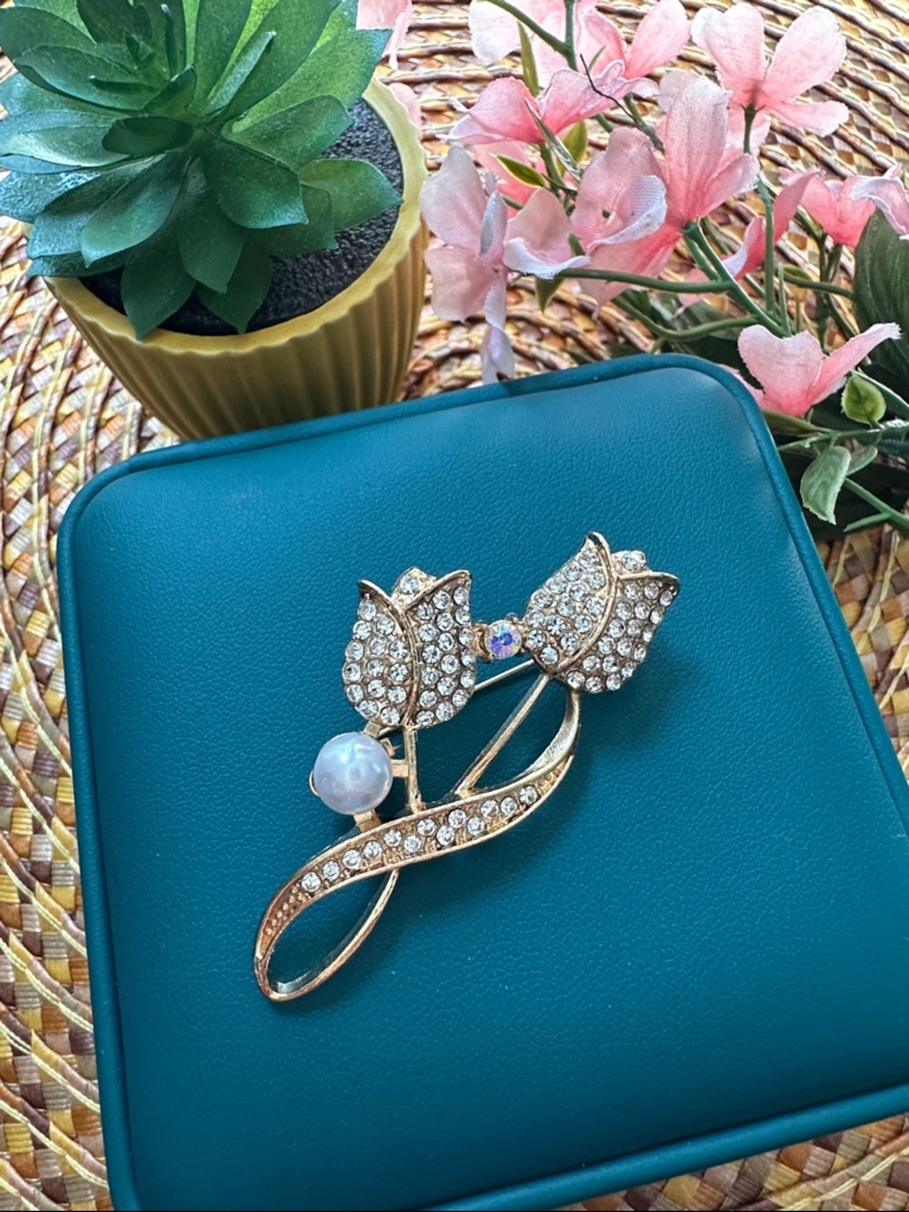 Gold Rhinestone Tulip Brooch with Pearl Accent - Women Jewelry